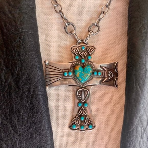 Native American Jewelry - Sterling Southwest Turquoise Heart Cross Necklace